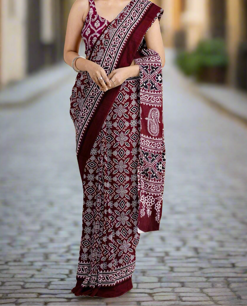 Beautiful Handblock printed pure cotton mulmul saree with blouse