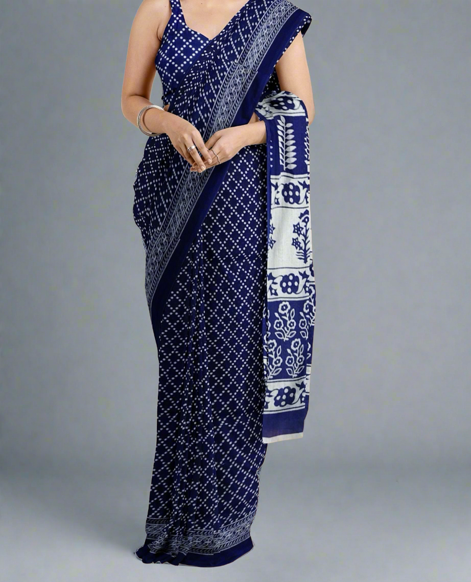 Beautiful Handblock printed pure cotton mulmul saree with blouse