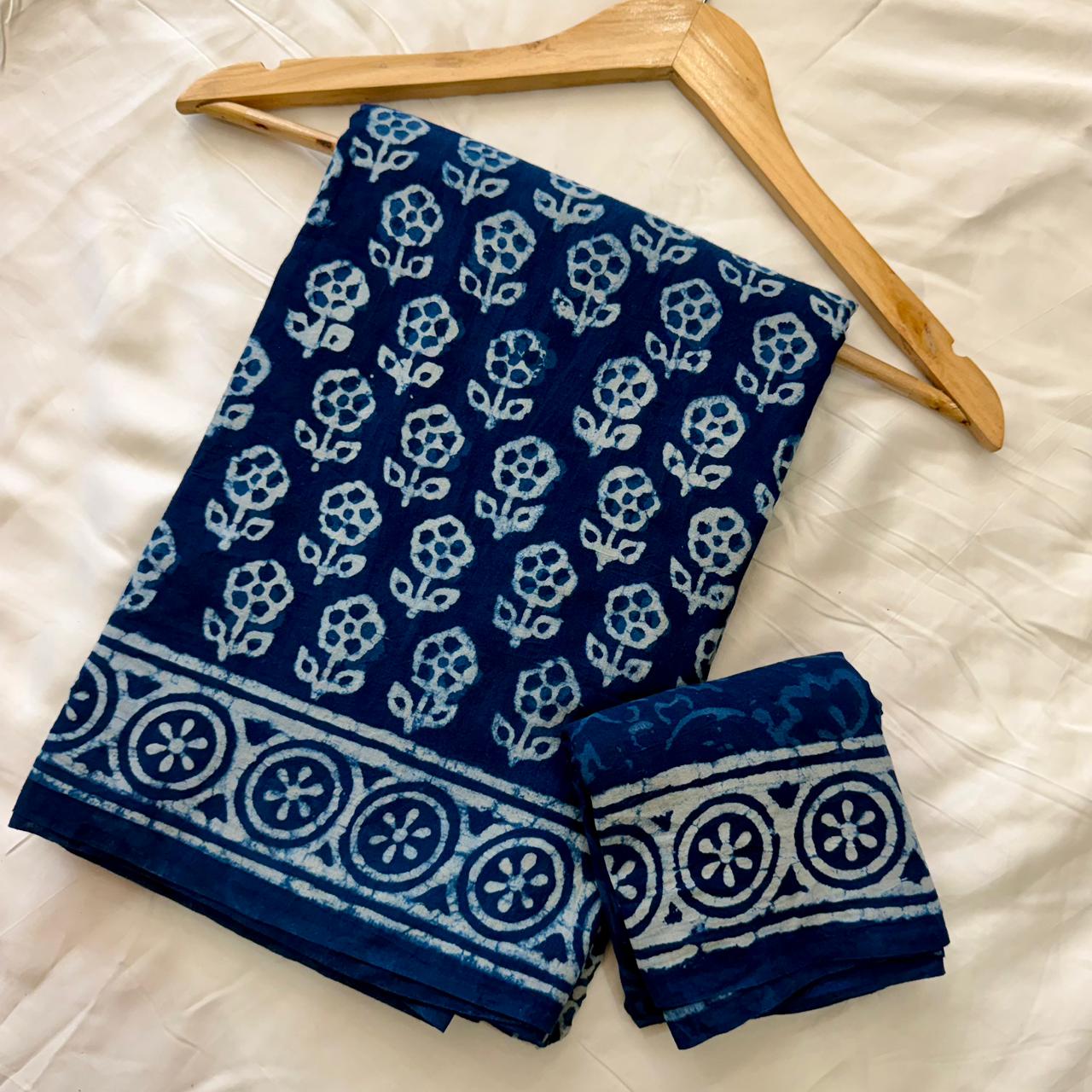 Pre-Order Bagru handBlock Print Cotton mulmul Sarees With Running Blouse