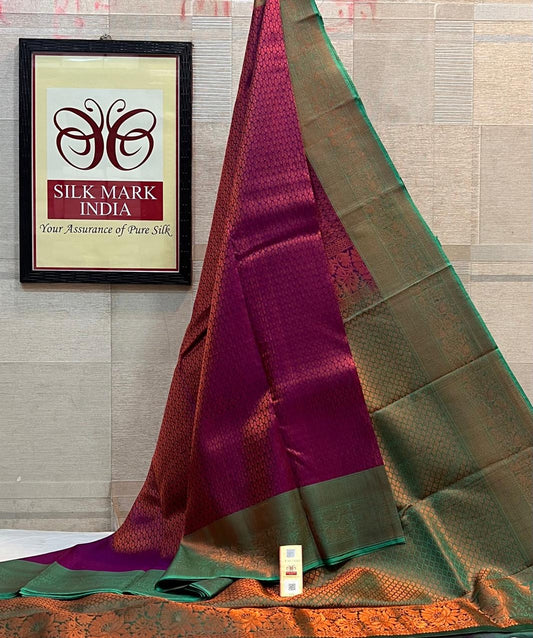 Pure kanchipuram silk saree - Double warp silk - All over jari weaving,
Pallu colour blouse, Jacquard Border weaving
