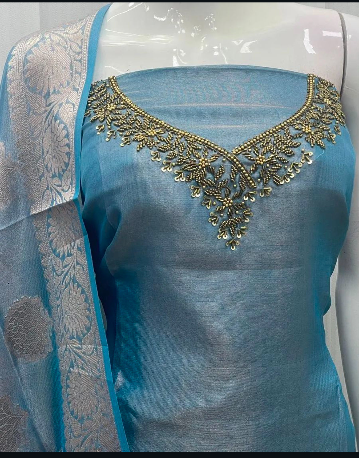 Premium banaras shimmer silk handwork neck unstitched salwar material