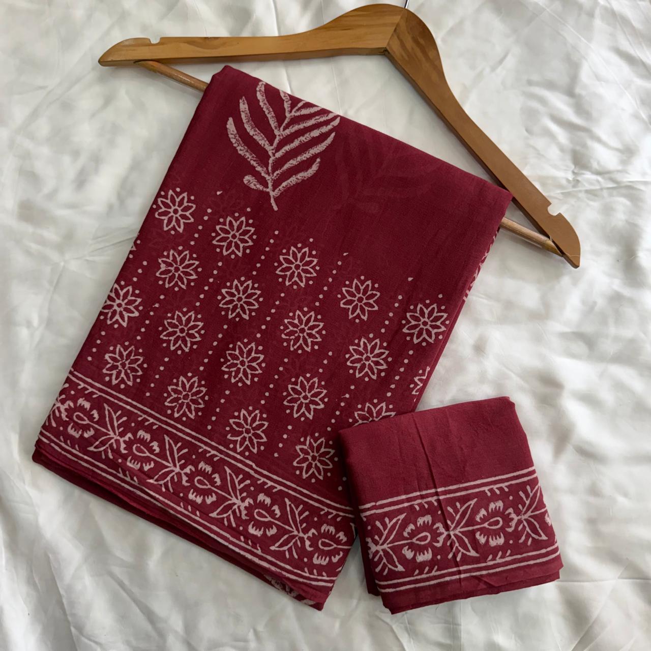 Pre-Order Bagru handBlock Print Cotton mulmul Sarees With Running Blouse