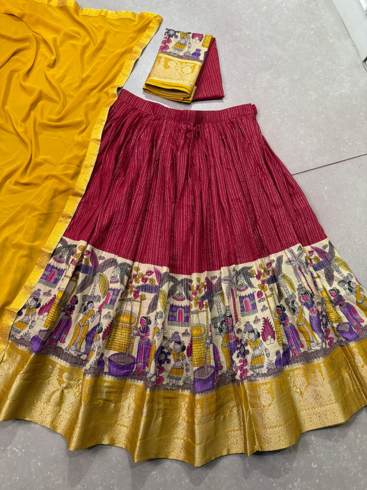 NITRIYA catalogue Fancy Semi stitched  Poly Chanderi lehenga, designed with delicate Zari stripes and enhanced with Kalamkari prints - New arrival ready for dispatch