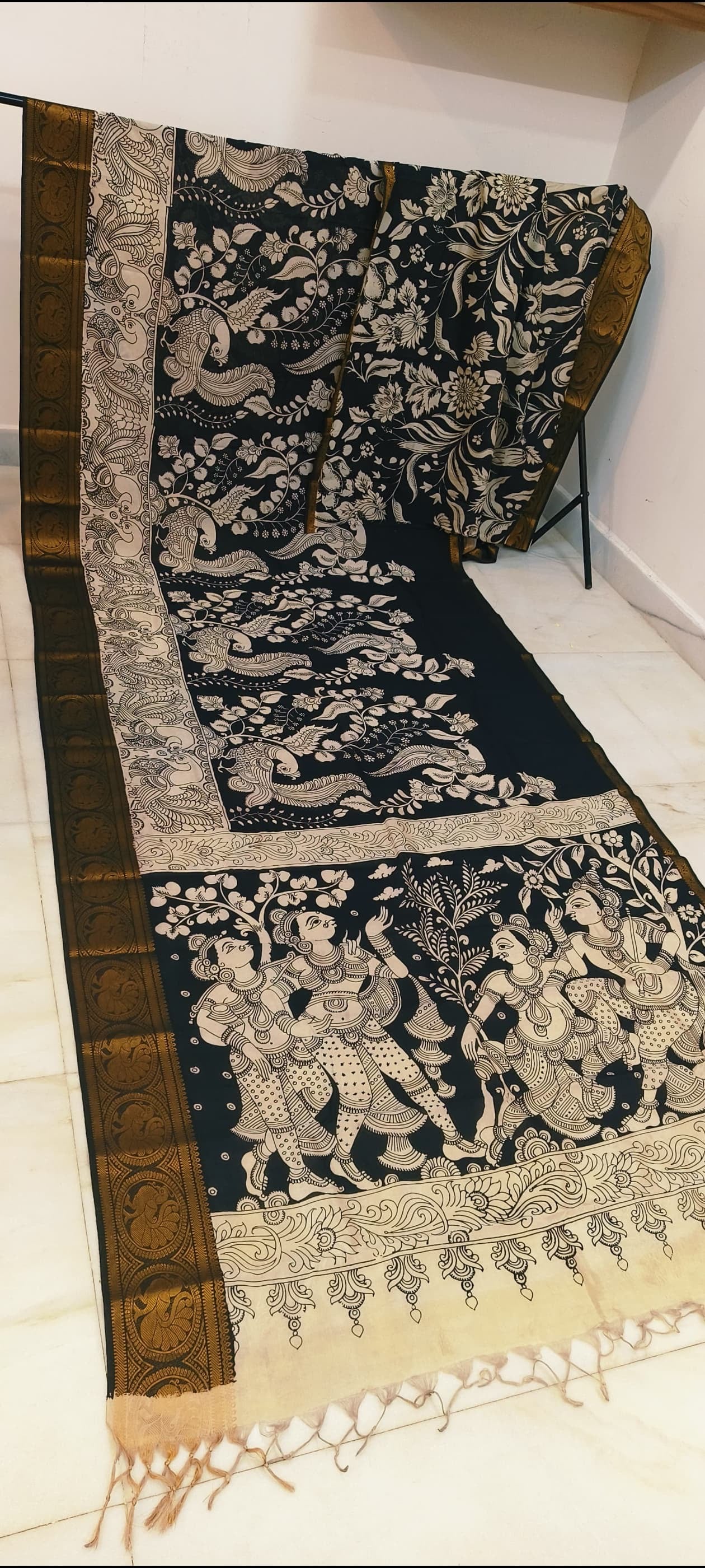 Pre Order Kalamkari Bangalore silk with designer zari border black and white sarees