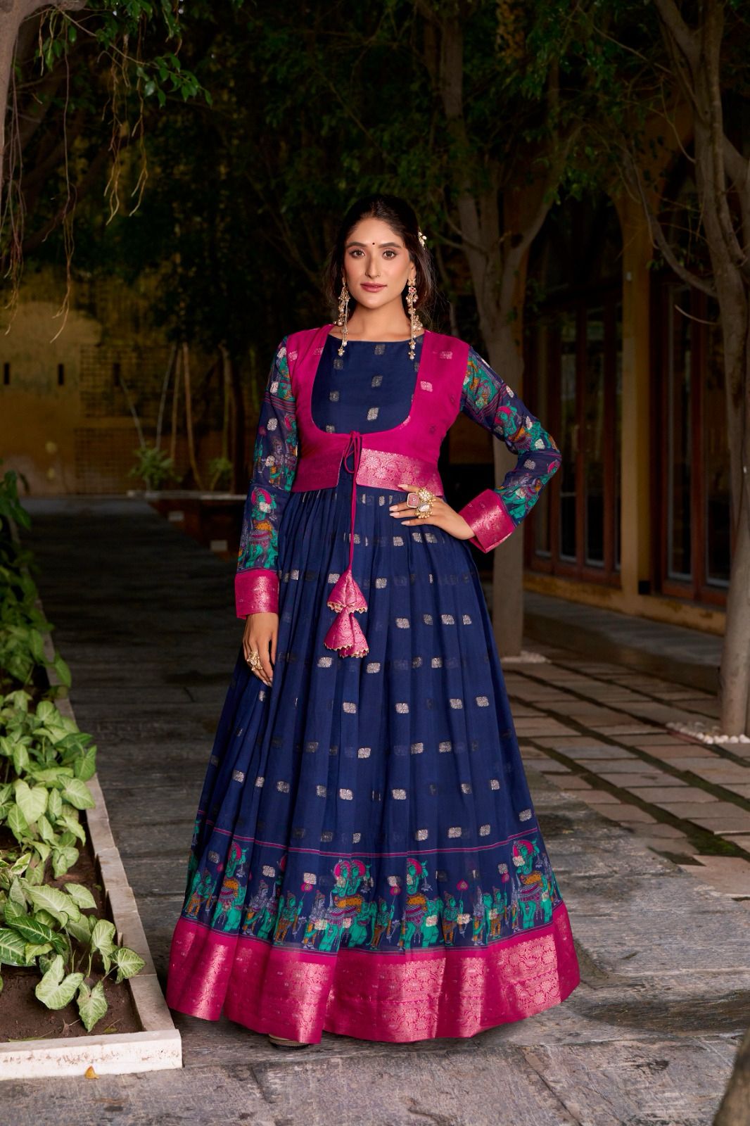 Tanira blue with pink fully stitched Kalamkari Print With Border gown size 38 to 40 : ready for dispatch