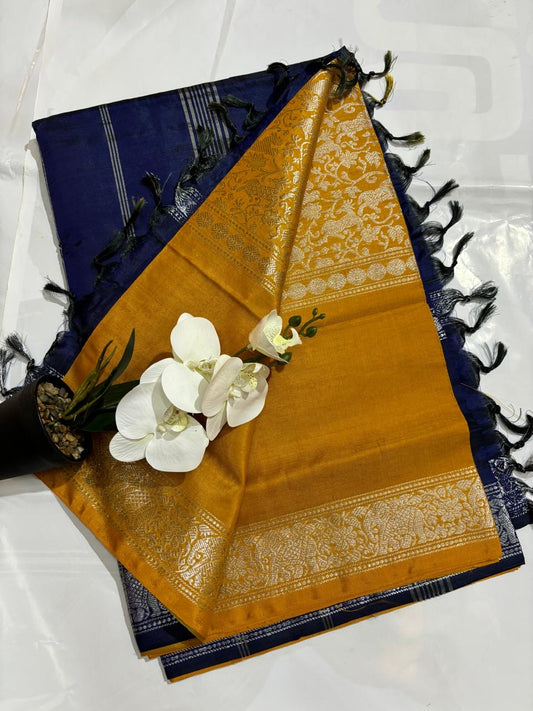 Brand New Vanasigaram Banana Silk Saree without blouse : Silver zari