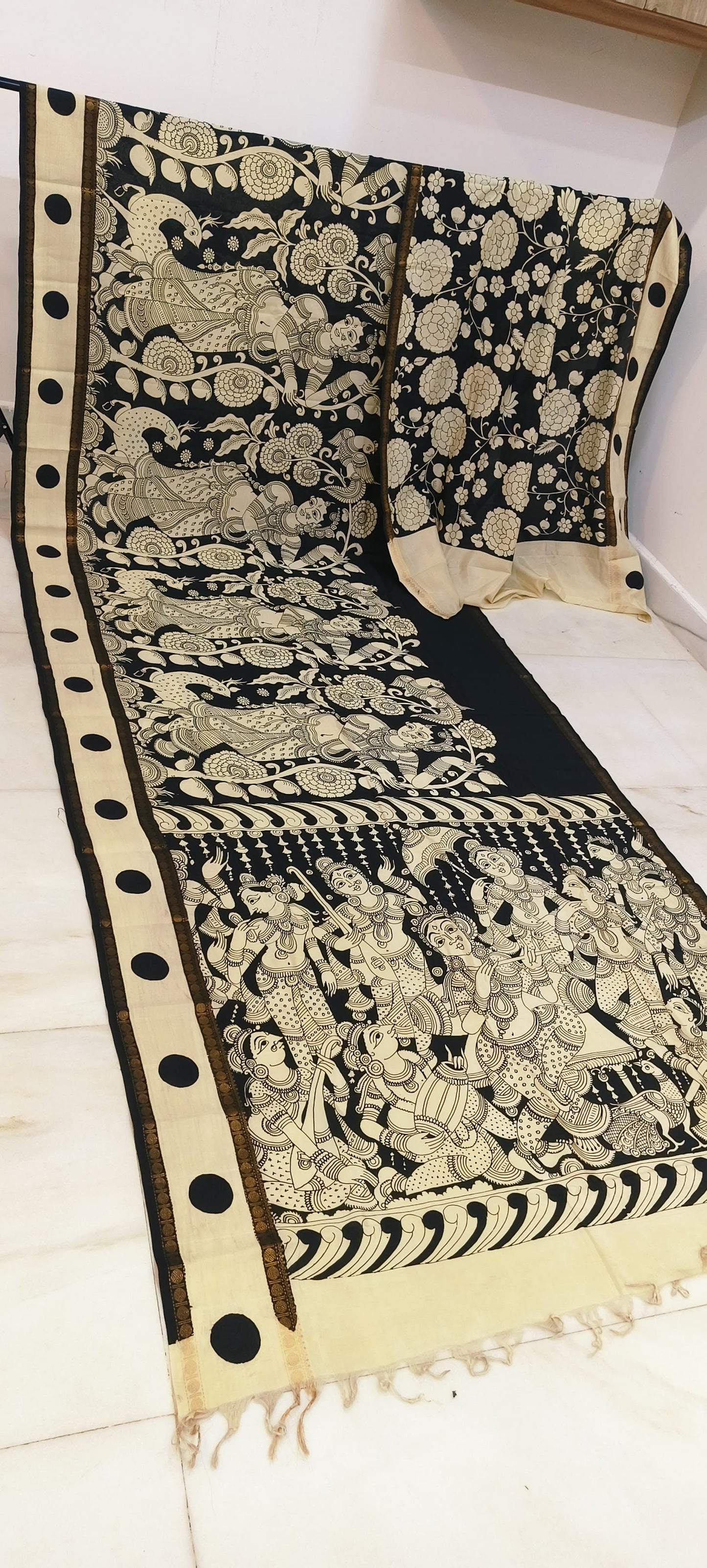 Pre Order Kalamkari Bangalore silk with designer zari border black and white sarees