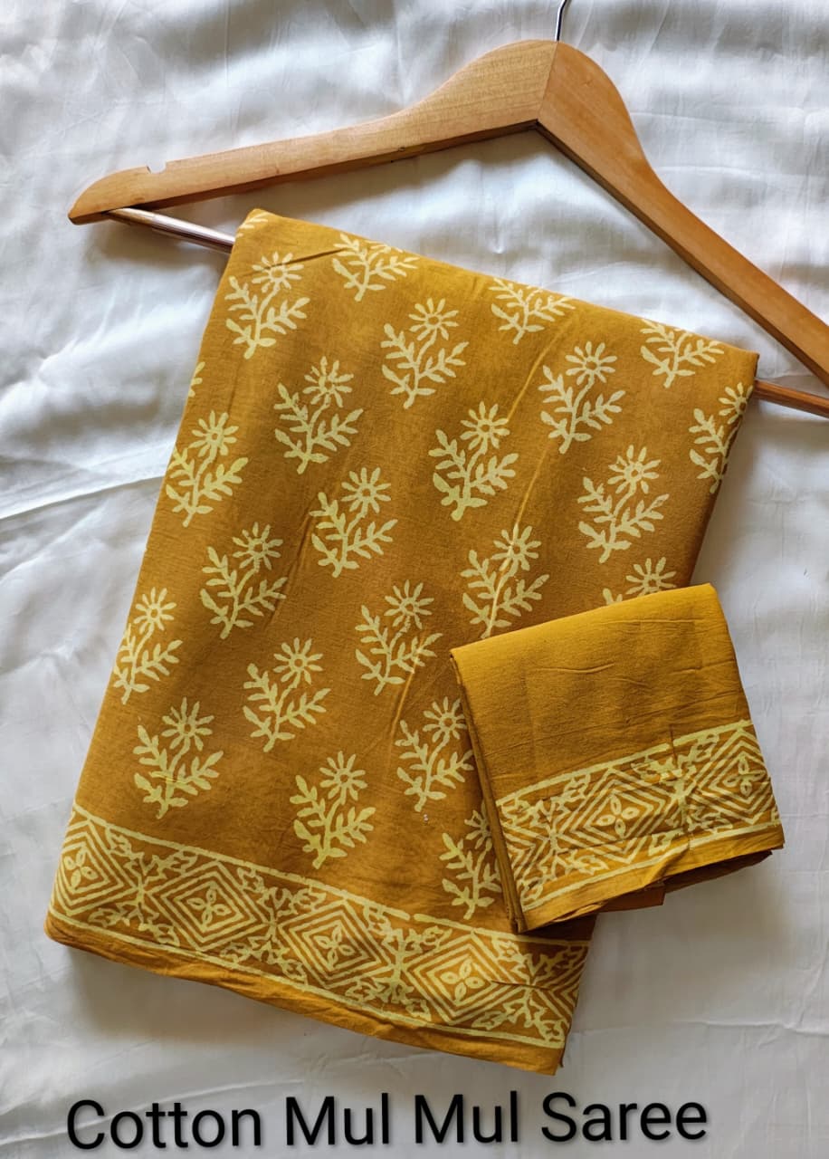 Pre-Order Bagru handBlock Print Cotton mulmul Sarees With Running Blouse