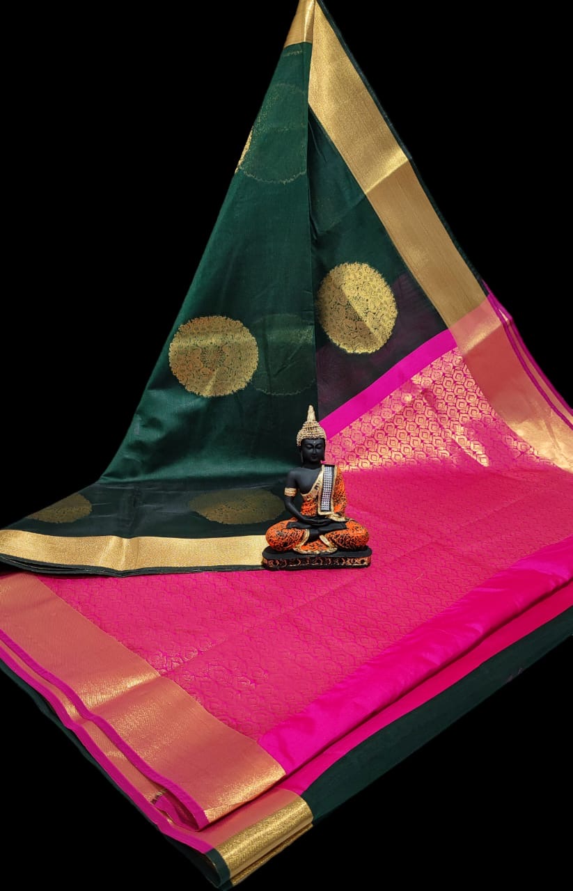 Pre-order Handloom Mercerized silk cotton sarees with all over chakra butta and korvai design.