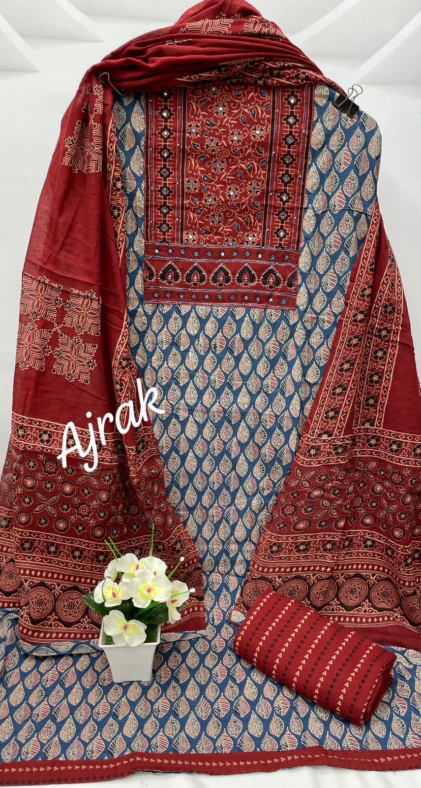 Pre order: Bright & Beautiful AJRAK PRINT PATCH HANDWORK suit material with dupatta