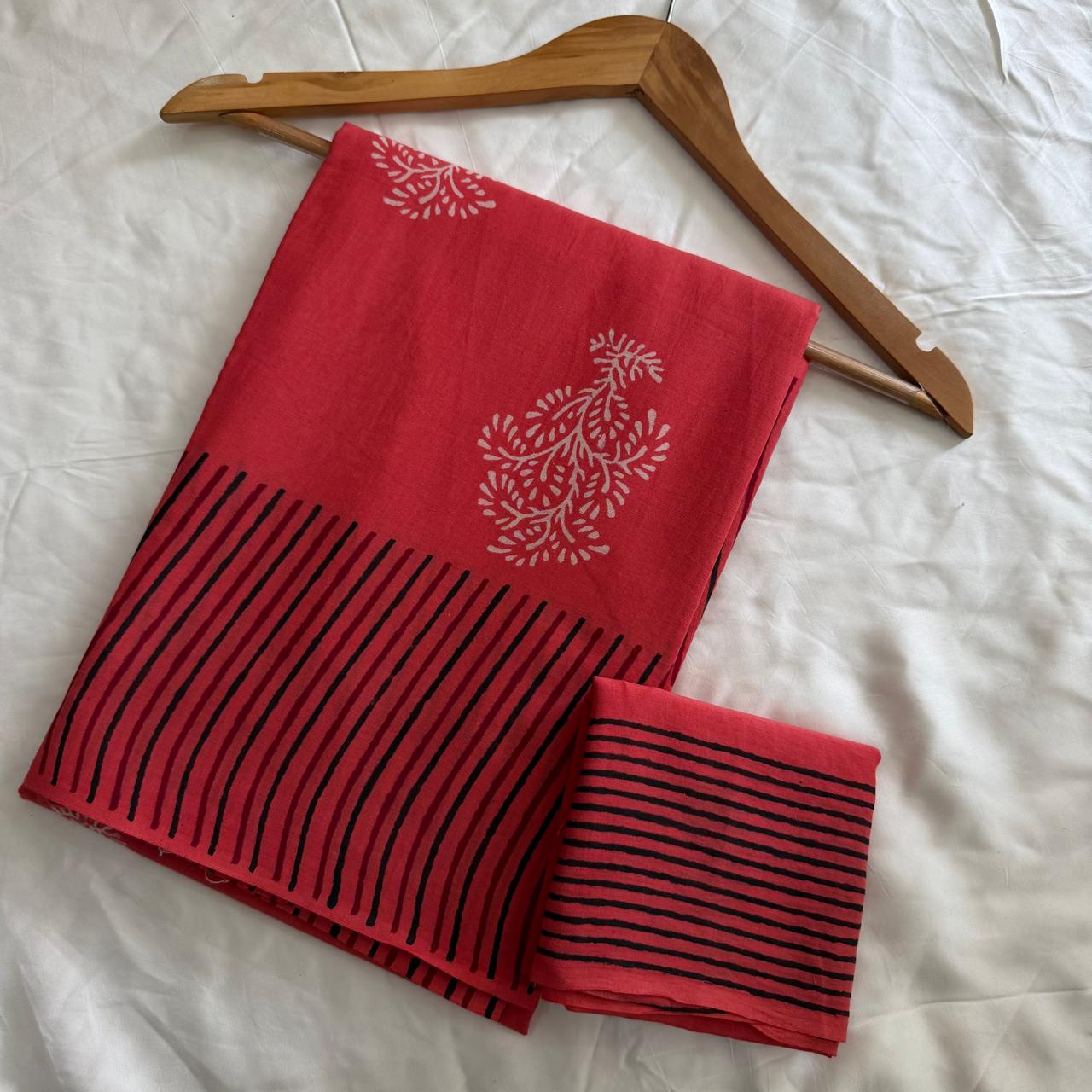 Pre-Order Bagru handBlock Print Cotton mulmul Sarees With Running Blouse