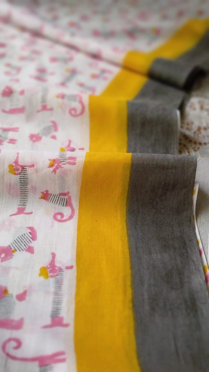 Soft hand printed premium mulmul cotton saree with blouse