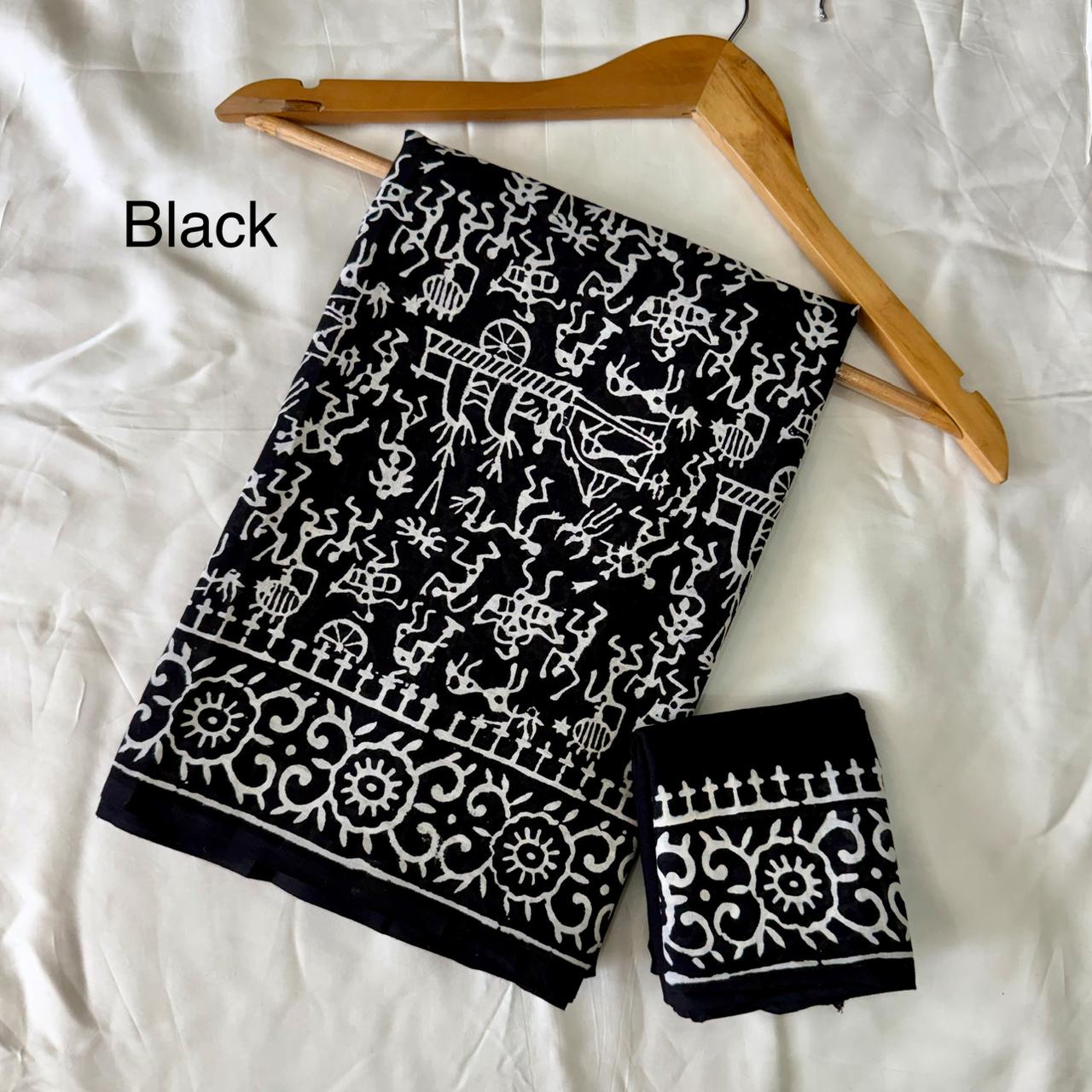 Pre-Order Black Bagru handBlock Print Cotton mulmul Sarees With Running Blouse