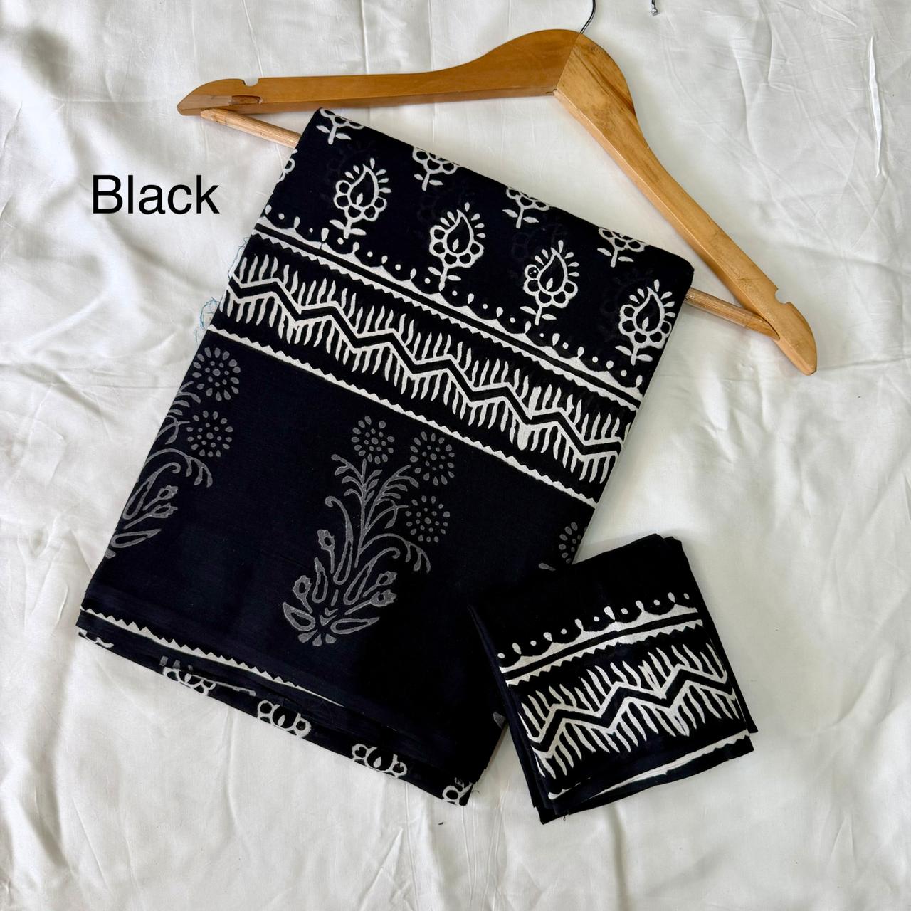 Pre-Order Black Bagru handBlock Print Cotton mulmul Sarees With Running Blouse
