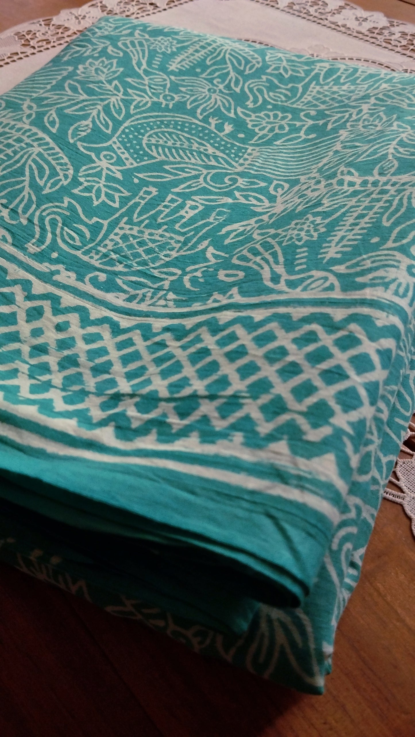 Soft hand printed premium teal green mulmul cotton saree with blouse