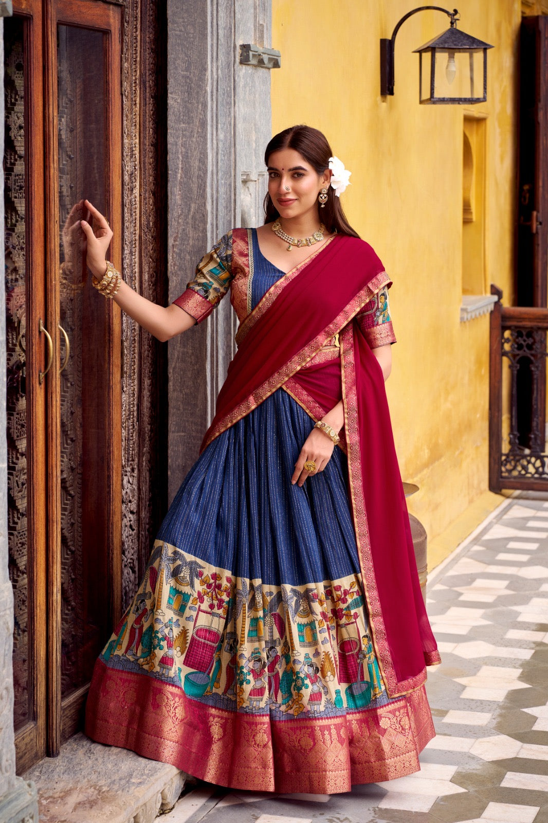 NITRIYA catalogue Fancy Semi stitched  Poly Chanderi lehenga, designed with delicate Zari stripes and enhanced with Kalamkari prints - New arrival ready for dispatch
