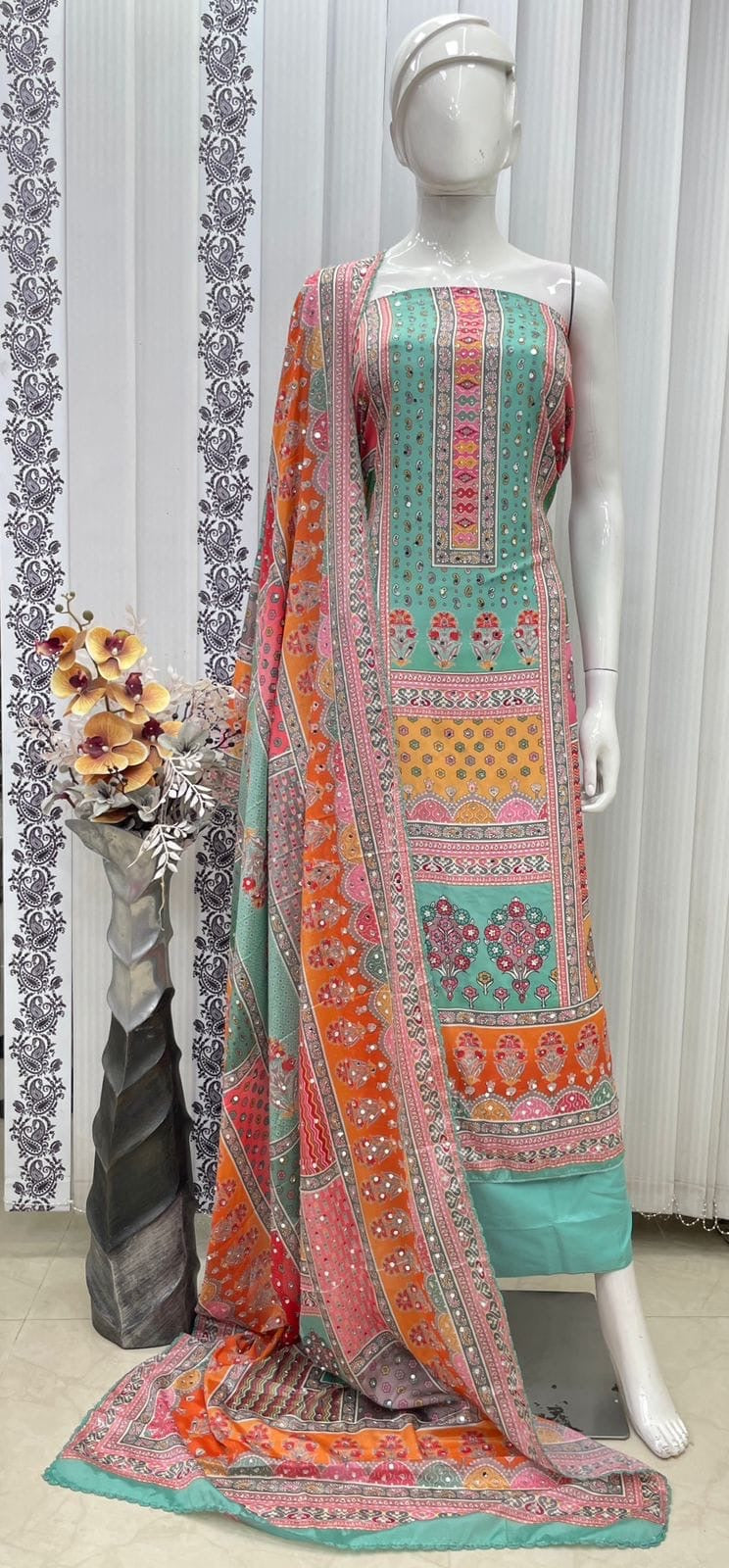 Pre order unstitched salwar suit material : MASLIN KARACHI DIGITAL PRINT MIRROR