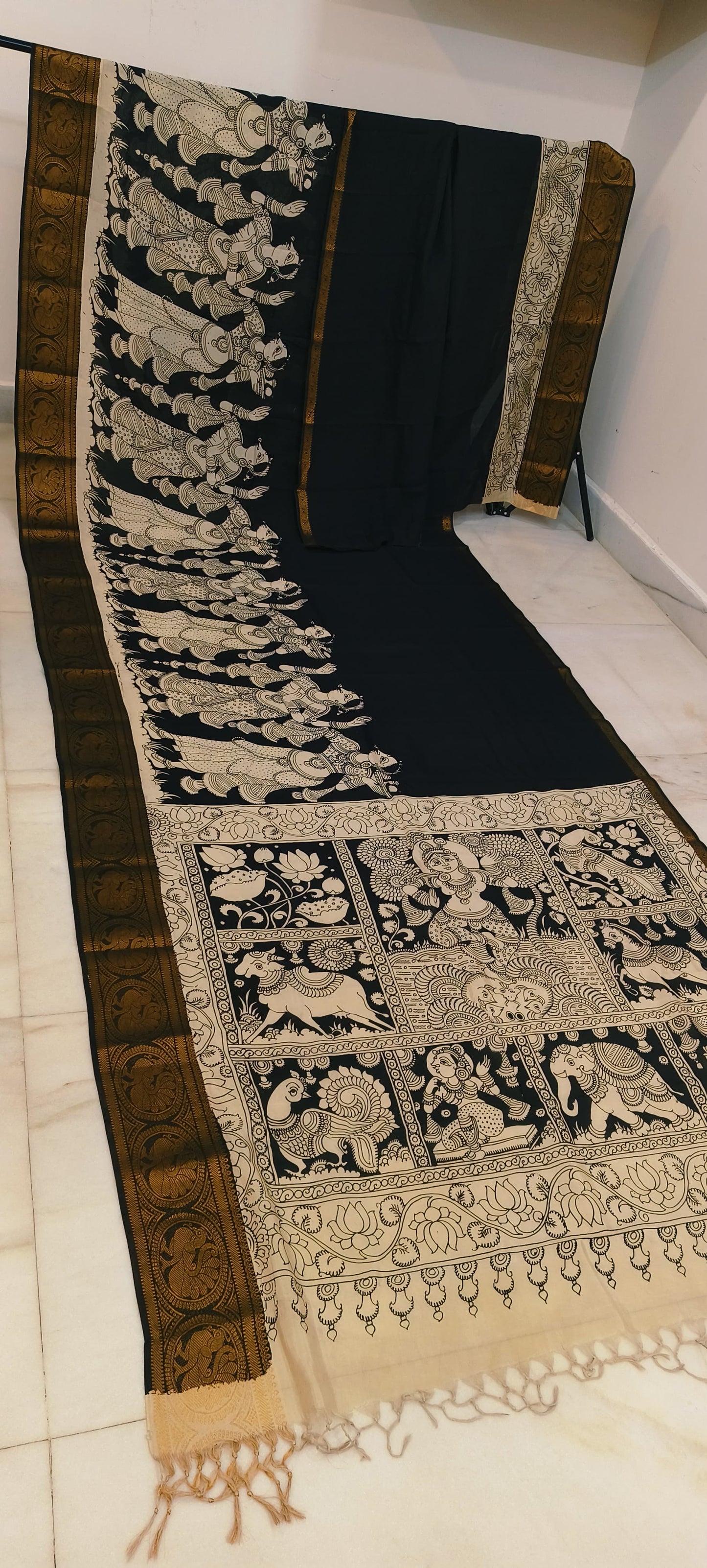 Pre Order Kalamkari Bangalore silk with designer zari border black and white sarees