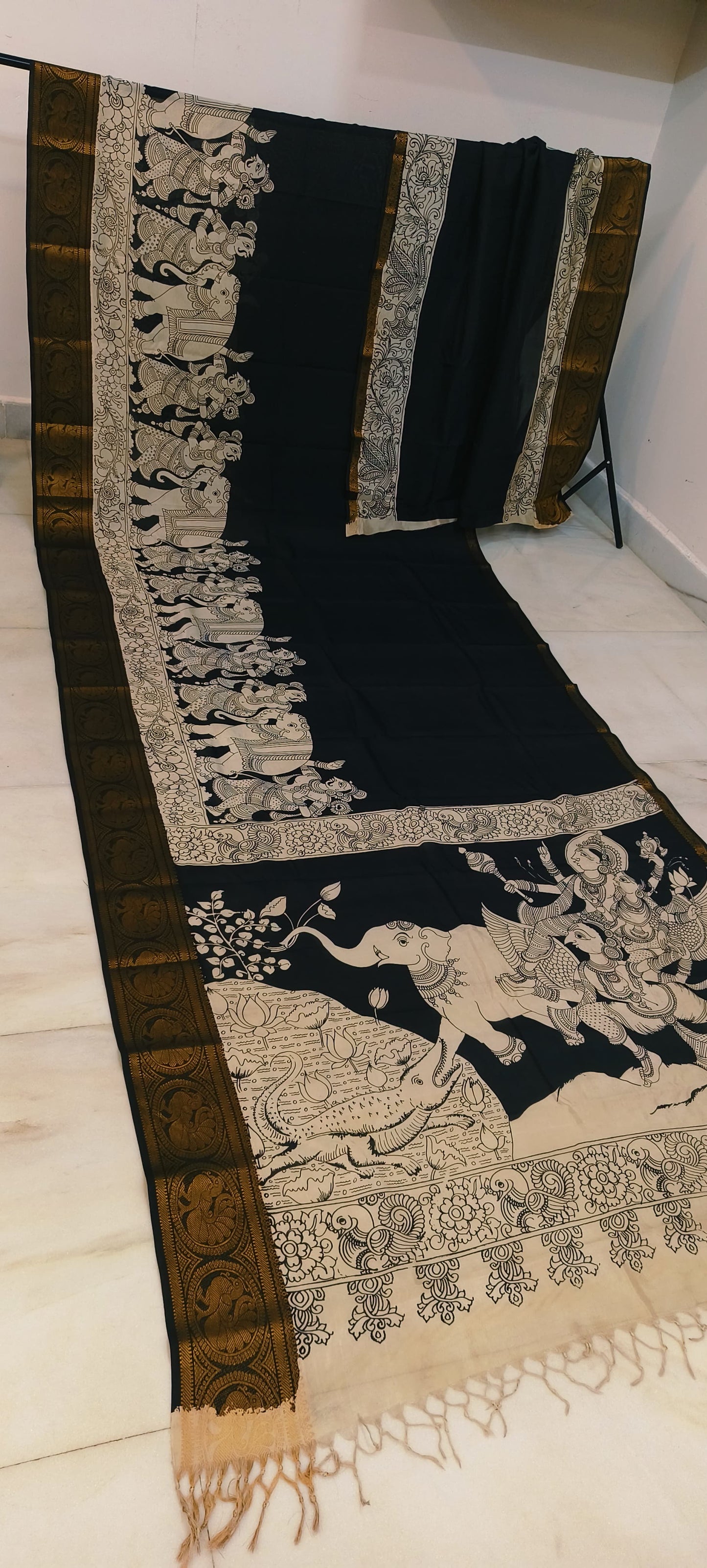 Pre Order Kalamkari Bangalore silk with designer zari border black and white sarees