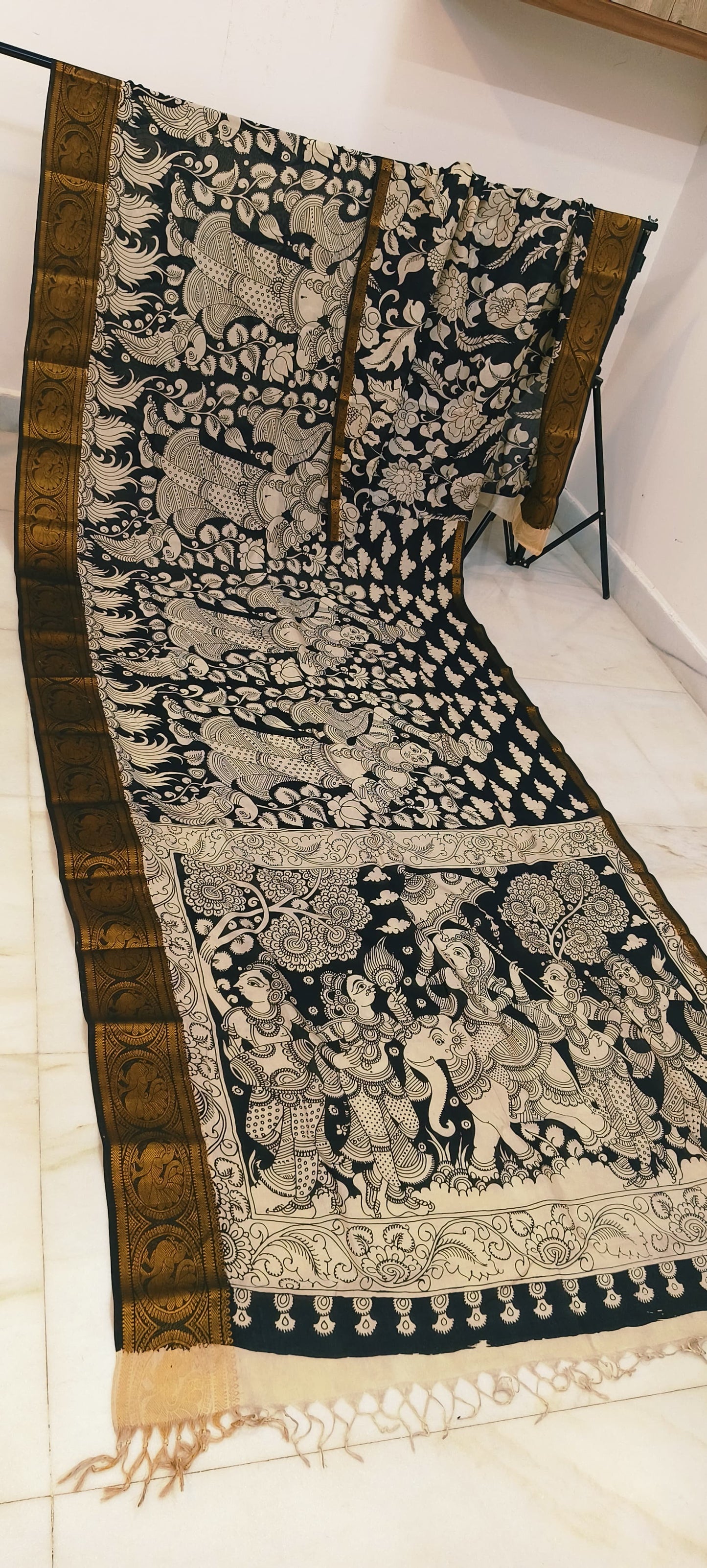 Pre Order Kalamkari Bangalore silk with designer zari border black and white sarees