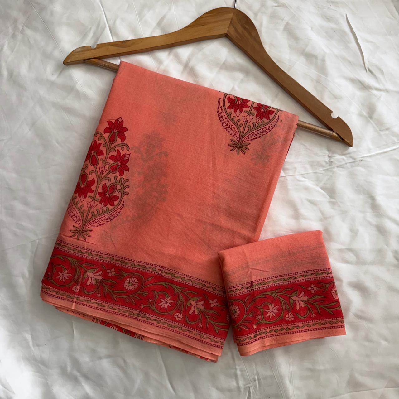 Pre-Order Bagru handBlock Print Cotton mulmul Sarees With Running Blouse