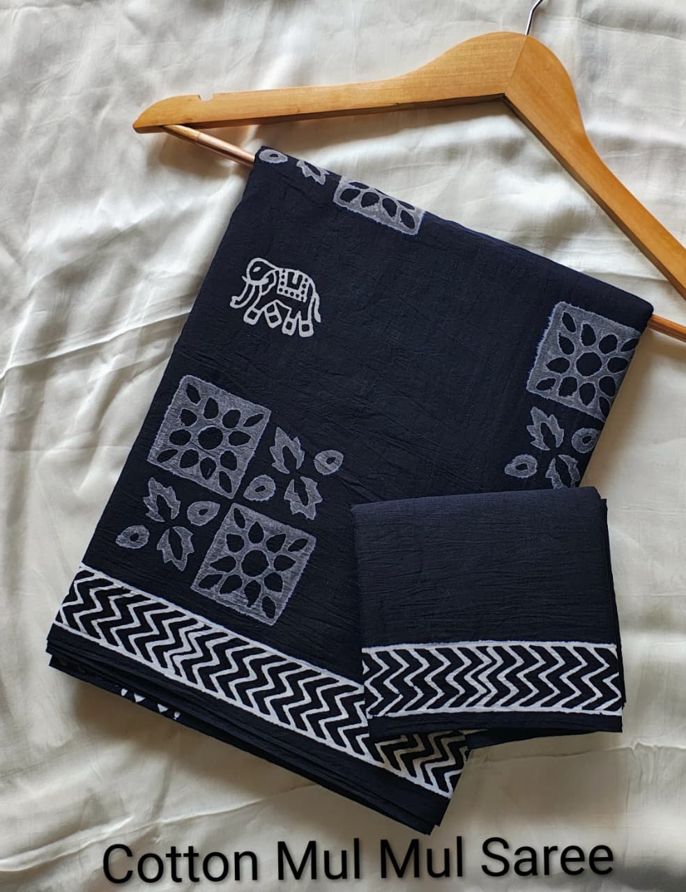 Pre-Order Black Bagru handBlock Print Cotton mulmul Sarees With Running Blouse