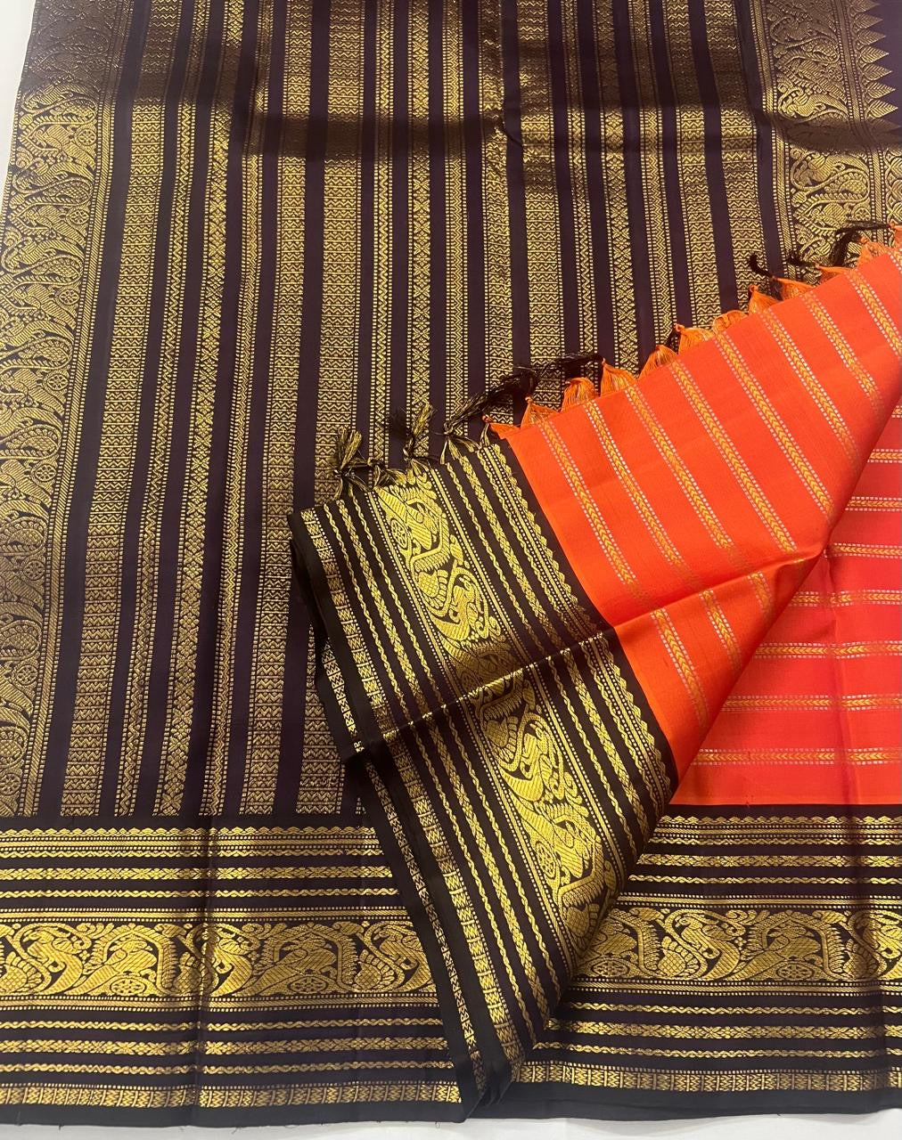 KANCHIPURAM PURE SILK HANDLOOM SAREE WITH 2G JARI : New Arrival unique piece : ORANGE LOVE