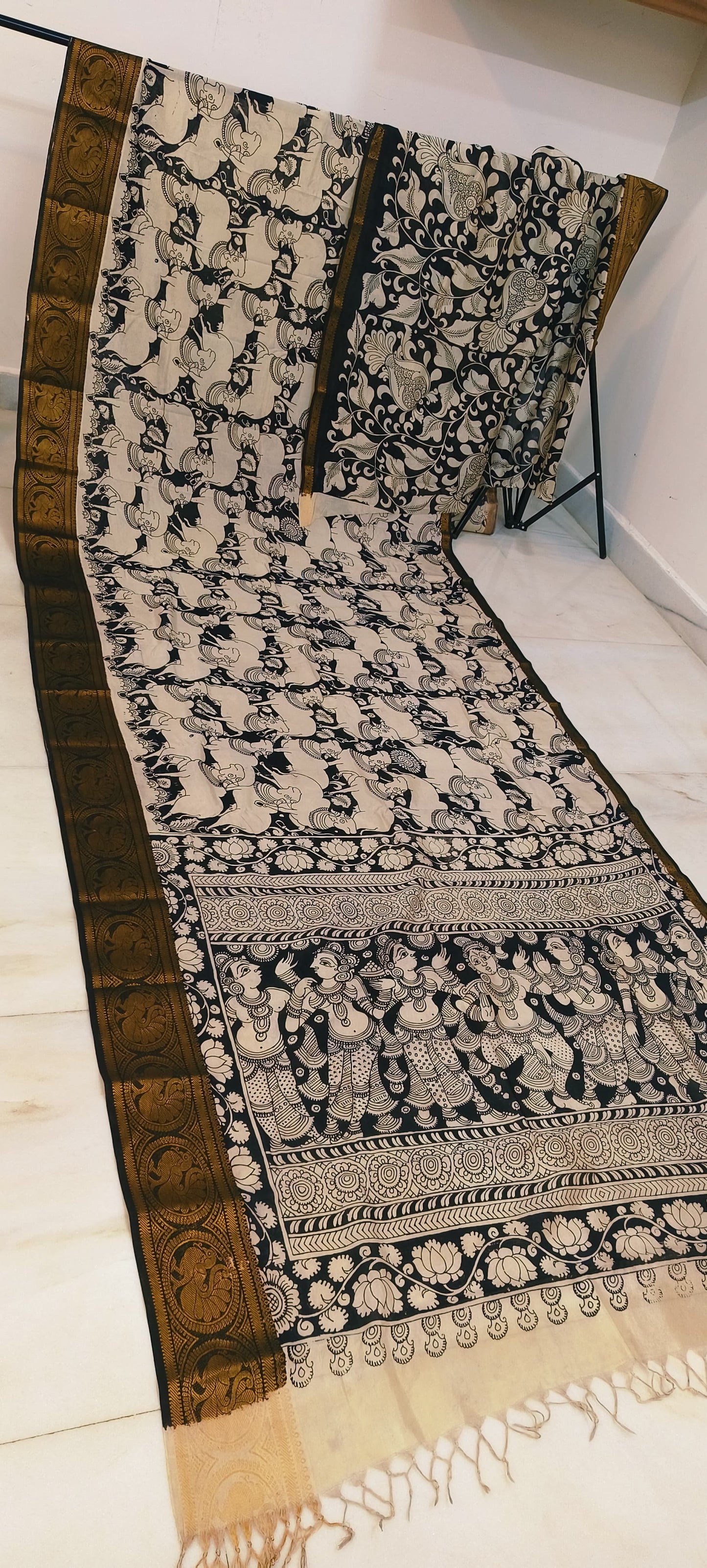 Pre Order Kalamkari Bangalore silk with designer zari border black and white sarees