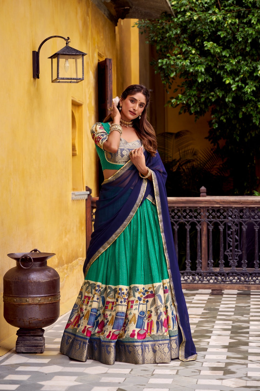 NITRIYA catalogue Fancy Semi stitched  Poly Chanderi lehenga, designed with delicate Zari stripes and enhanced with Kalamkari prints - New arrival ready for dispatch