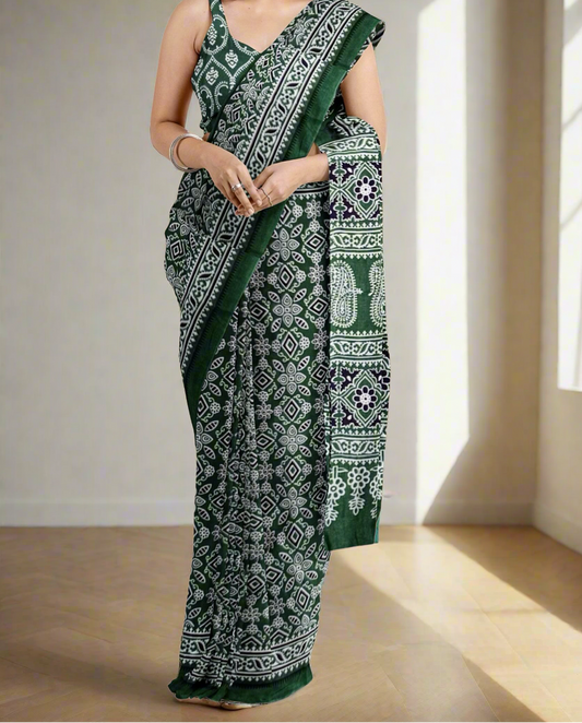 Beautiful Handblock printed pure cotton mulmul saree with blouse