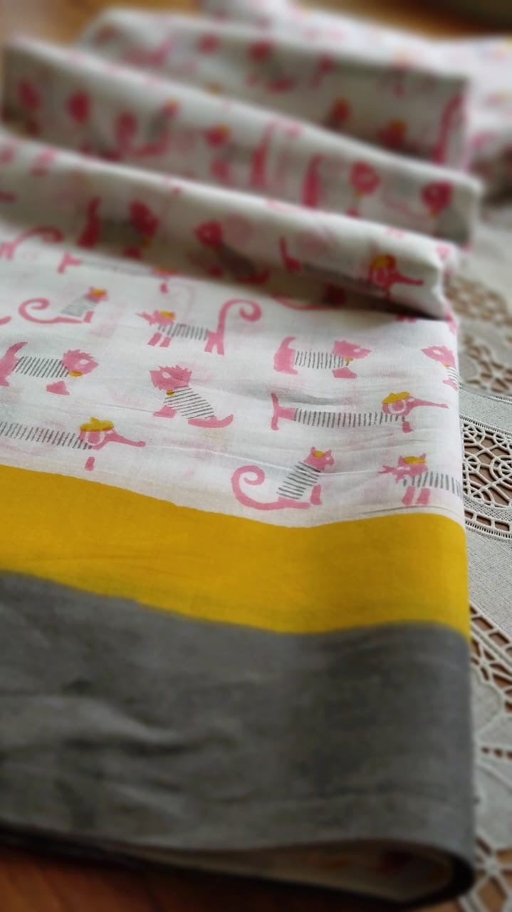 Soft hand printed premium mulmul cotton saree with blouse