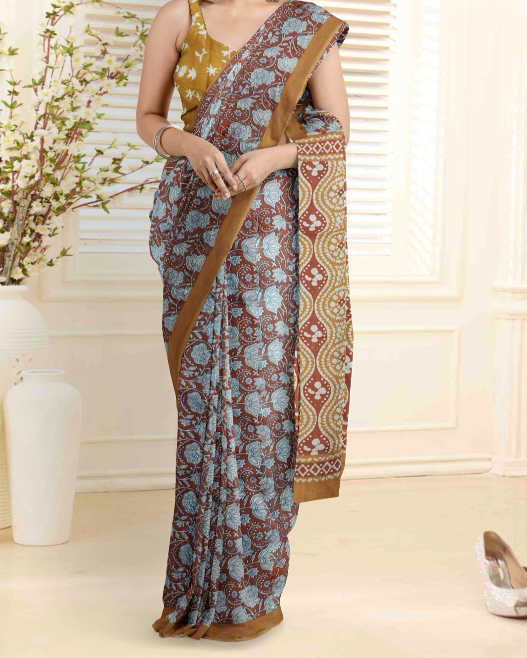 Beautiful Handblock printed pure cotton mulmul saree with blouse