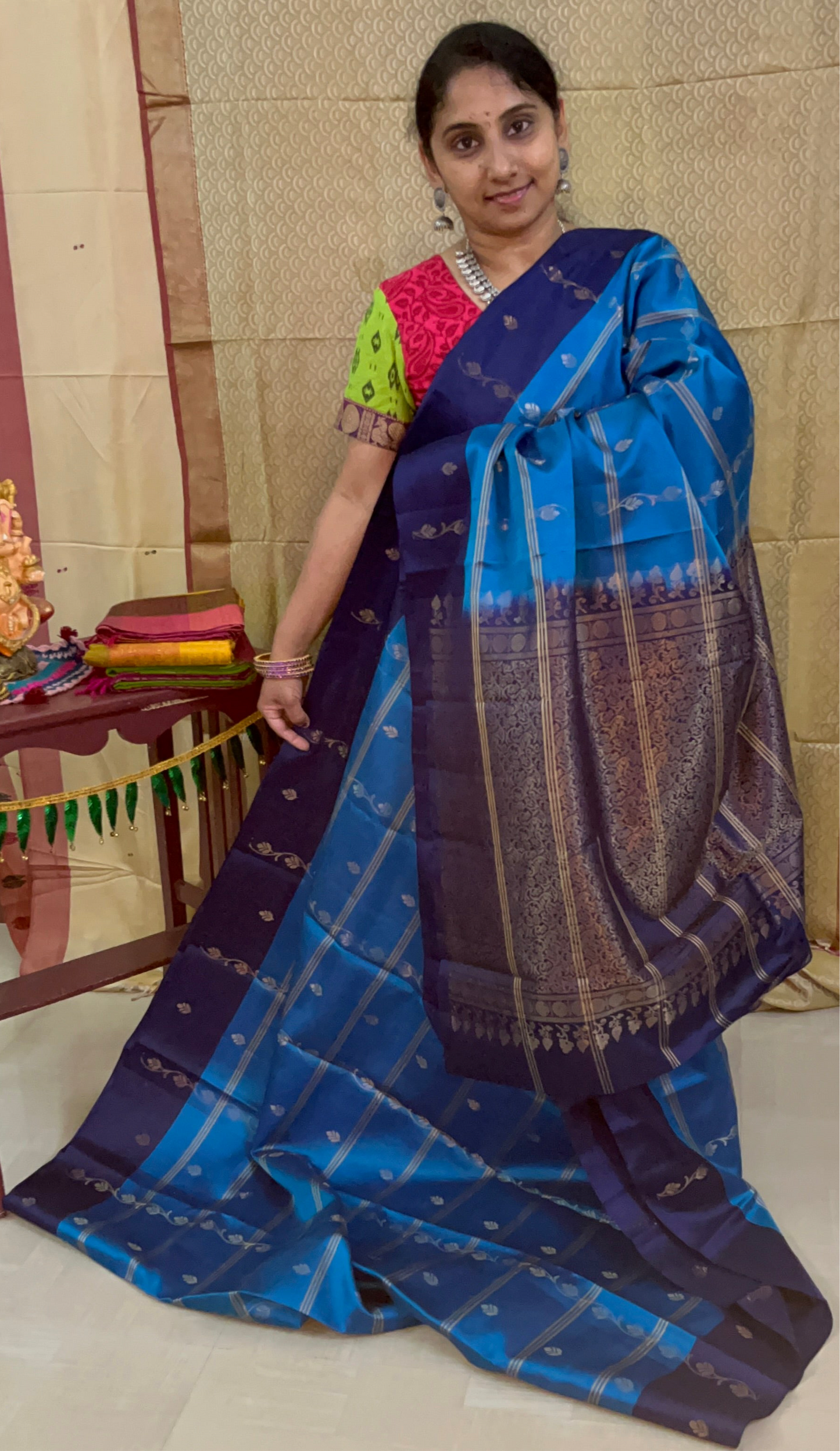 New arrival: Handloom Double Warp beautiful sky blue with navy blue triple striped floral Soft Silk Saree