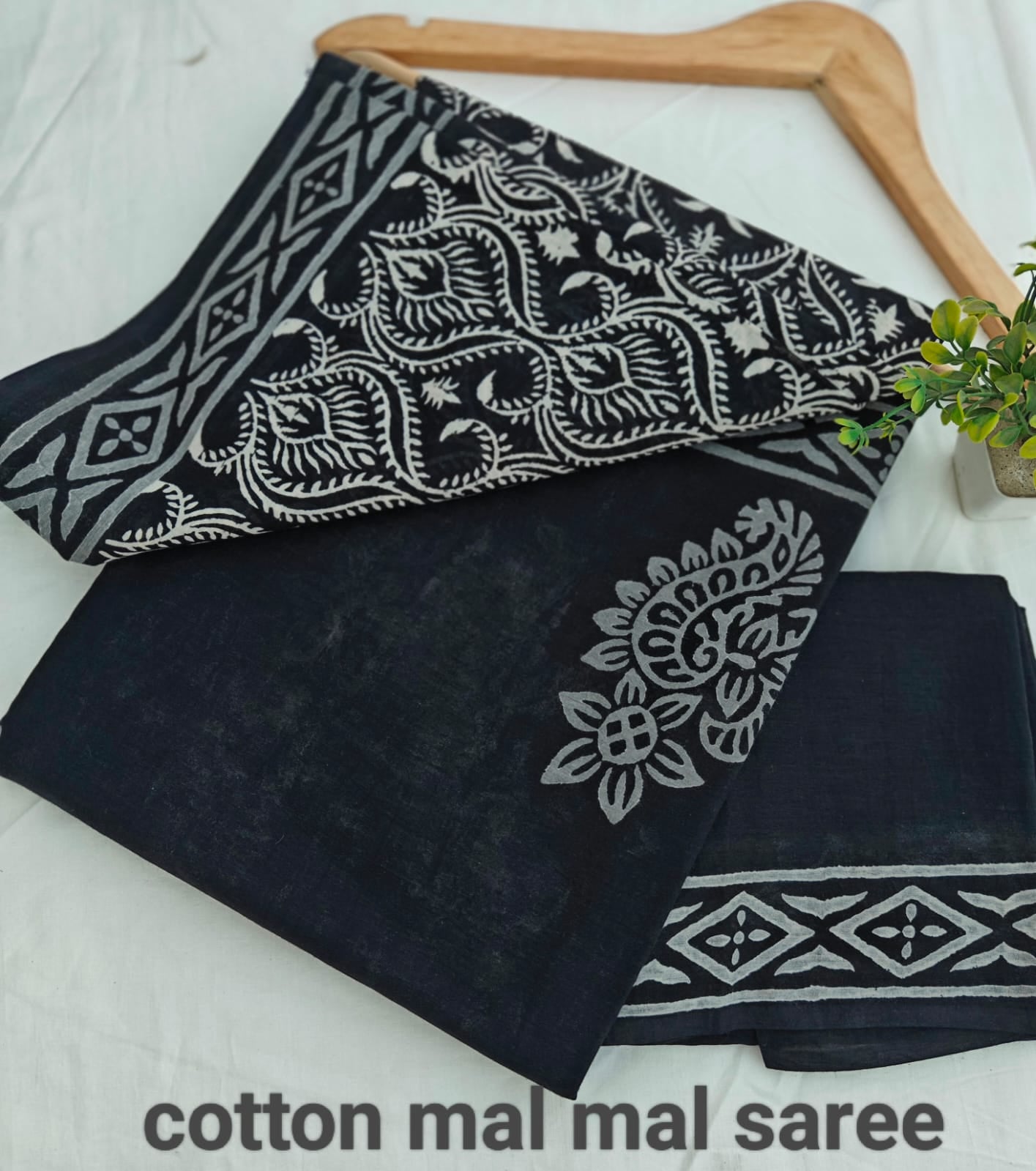 Pre-Order Black Bagru handBlock Print Cotton mulmul Sarees With Running Blouse