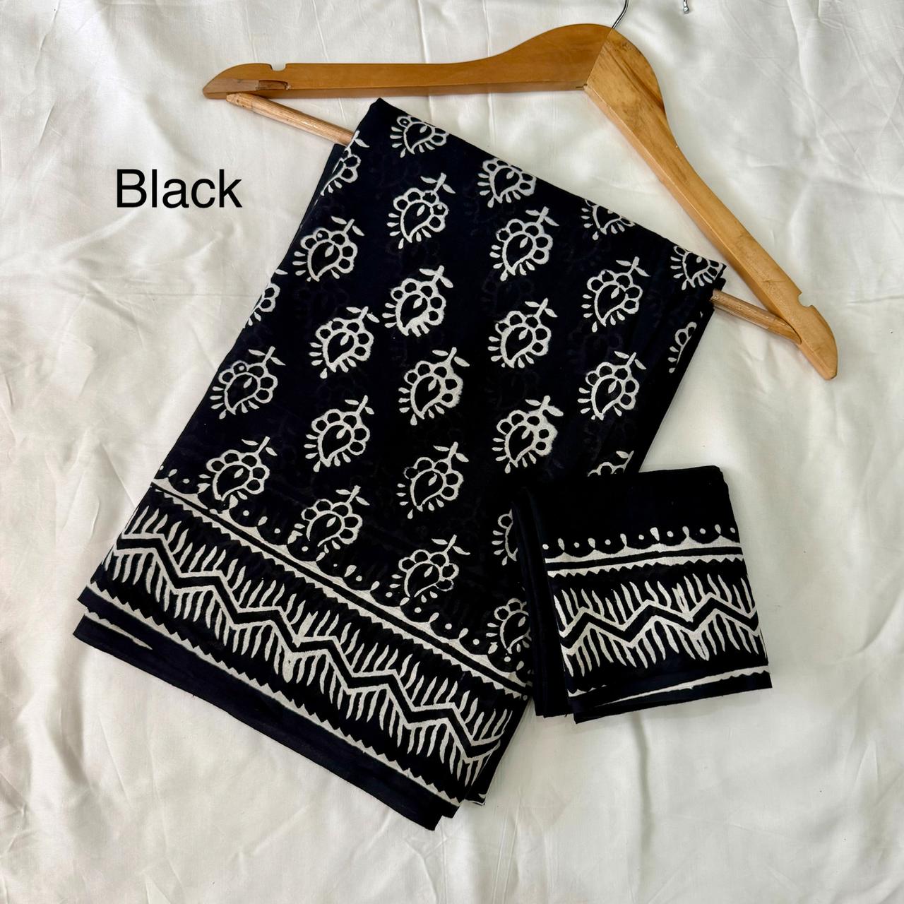 Pre-Order Black Bagru handBlock Print Cotton mulmul Sarees With Running Blouse