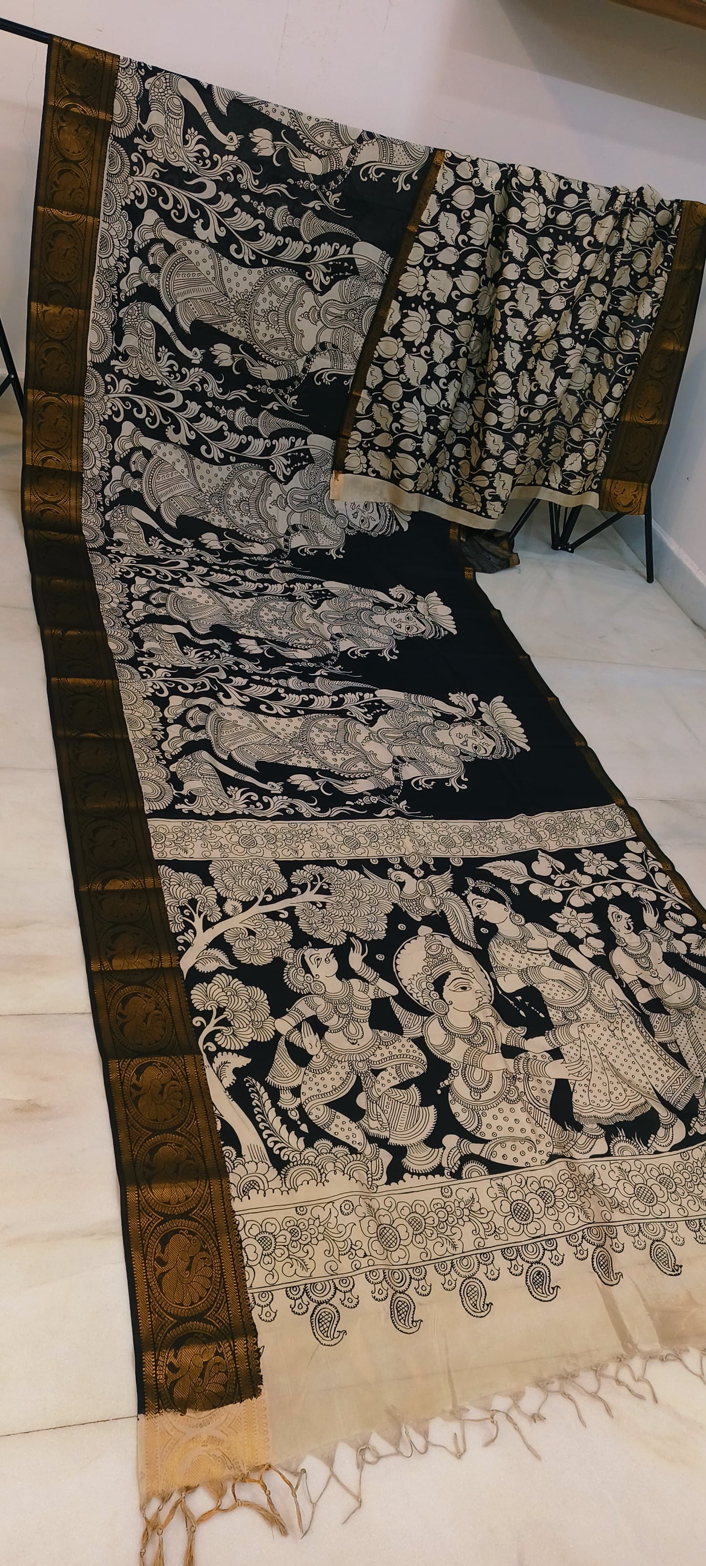 Pre Order Kalamkari Bangalore silk with designer zari border black and white sarees