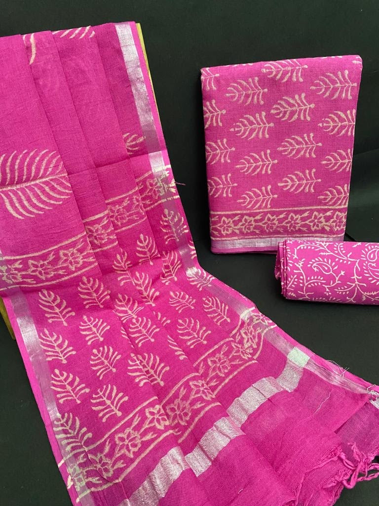 Hand block printed cotton suit material with cotton dupatta silver zari