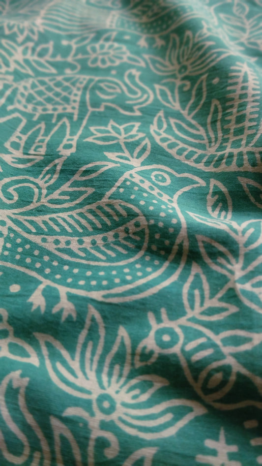 Soft hand printed premium teal green mulmul cotton saree with blouse