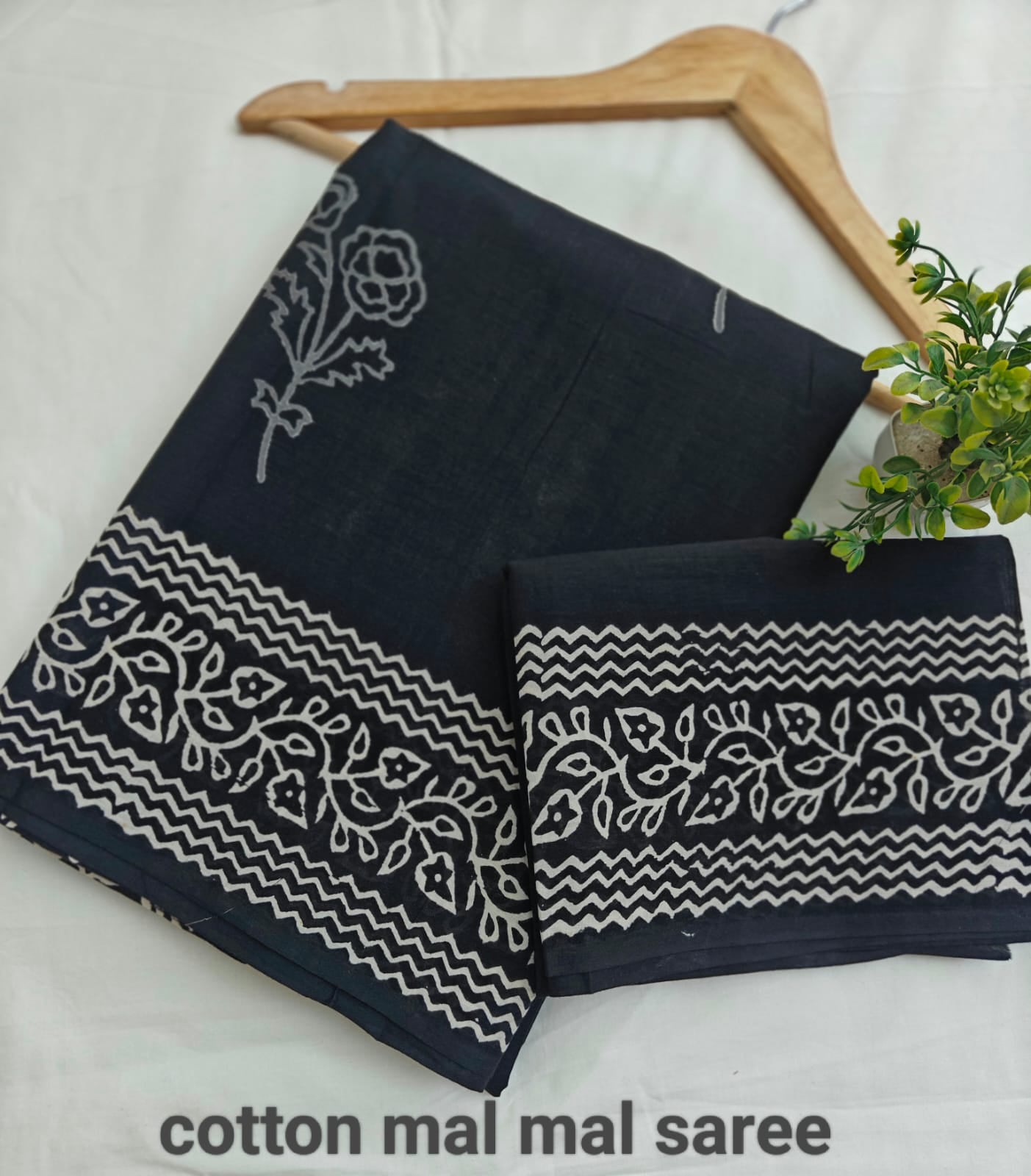 Pre-Order Black Bagru handBlock Print Cotton mulmul Sarees With Running Blouse