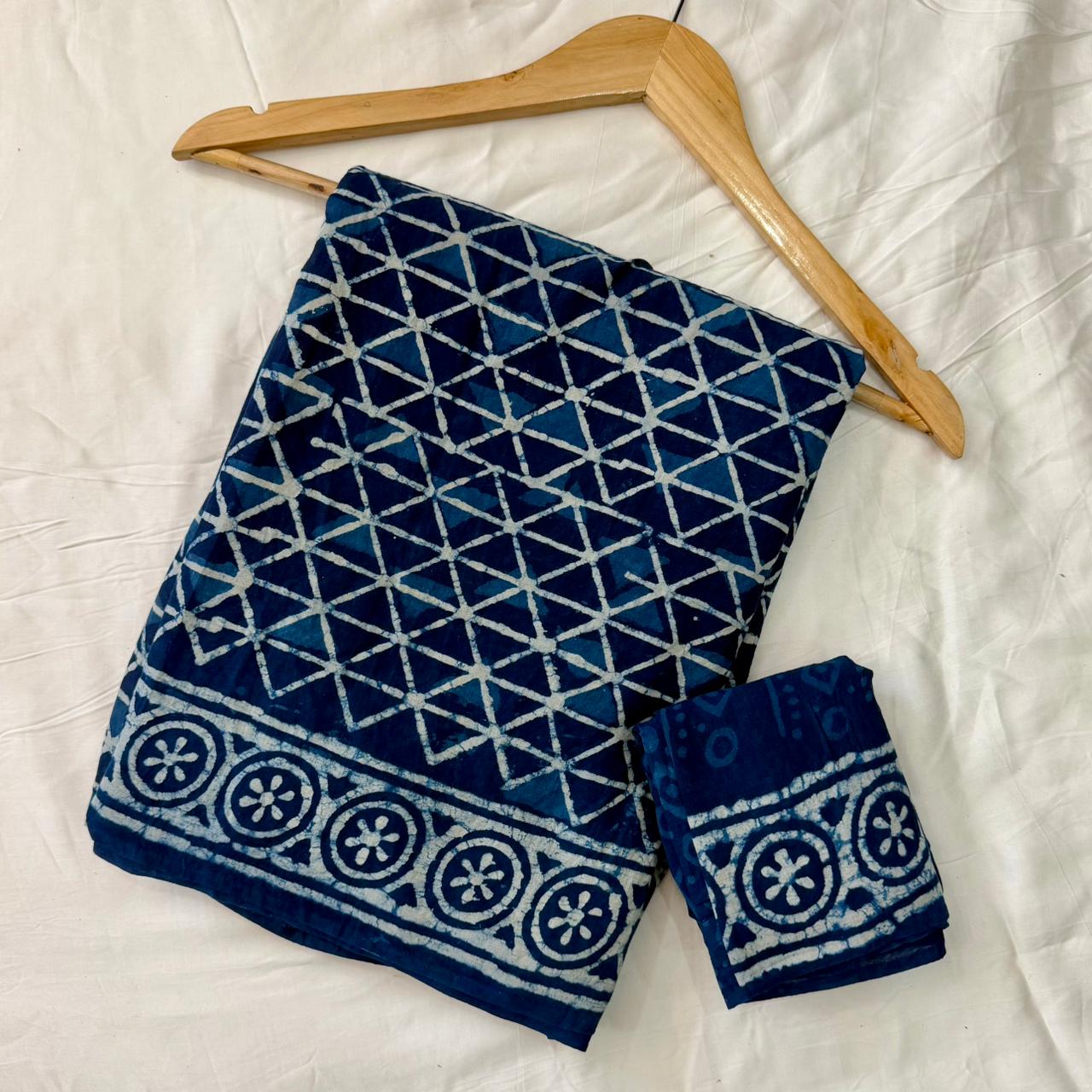 Pre-Order Bagru handBlock Print Cotton mulmul Sarees With Running Blouse