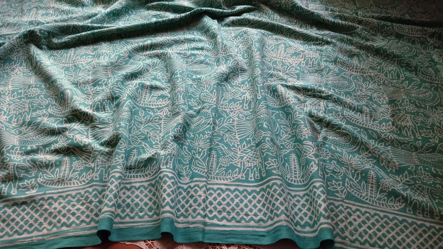 Soft hand printed premium teal green mulmul cotton saree with blouse