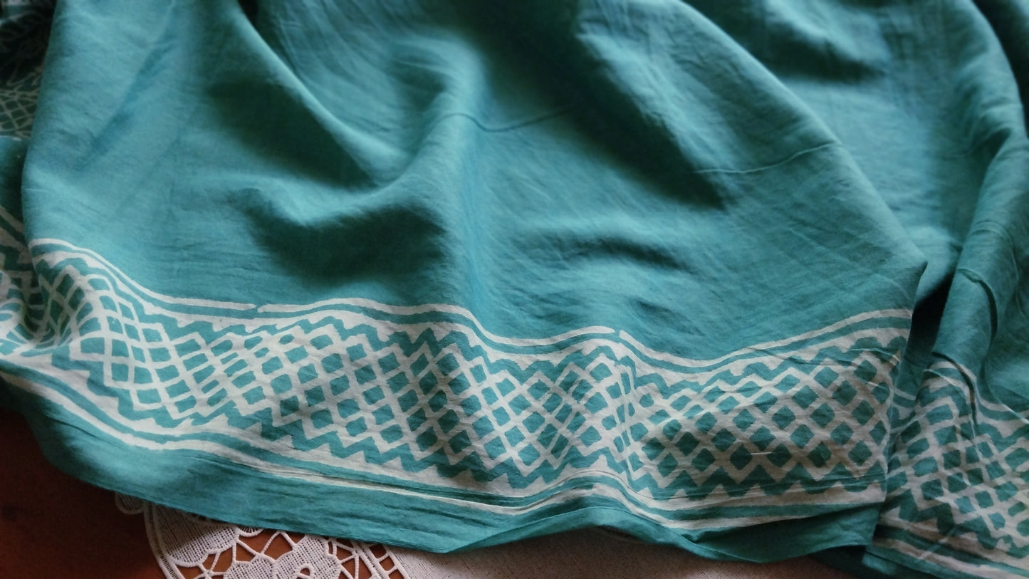 Soft hand printed premium teal green mulmul cotton saree with blouse