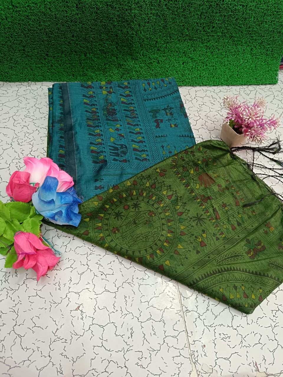 Pre-order Lovely Madhubani block print saree Cotton silk - Contact by chat for colour availability