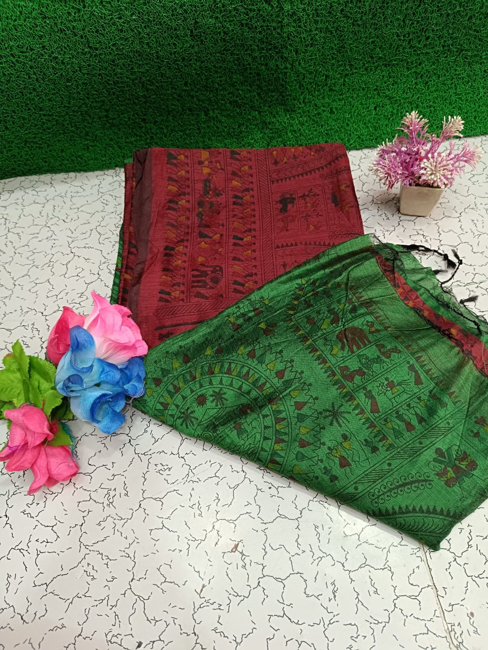 Pre-order Lovely Madhubani block print saree Cotton silk - Contact by chat for colour availability