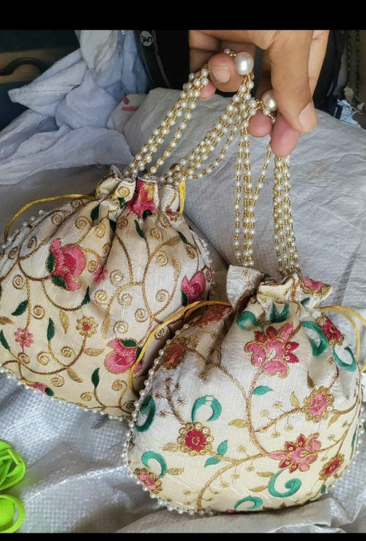 Beautiful double side embroidery work with pearl handle : Potlis for return gifts