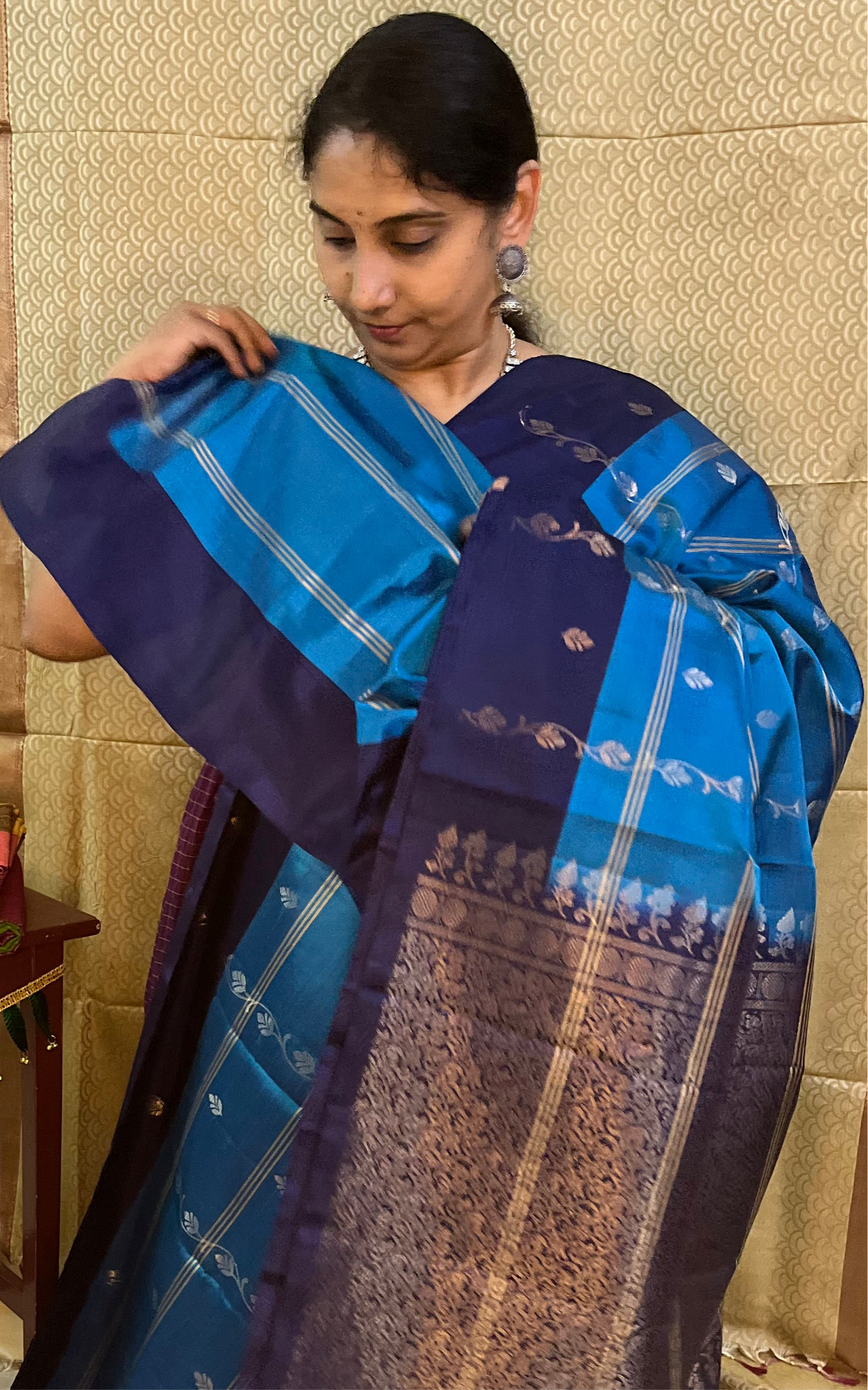 New arrival: Handloom Double Warp beautiful sky blue with navy blue triple striped floral Soft Silk Saree