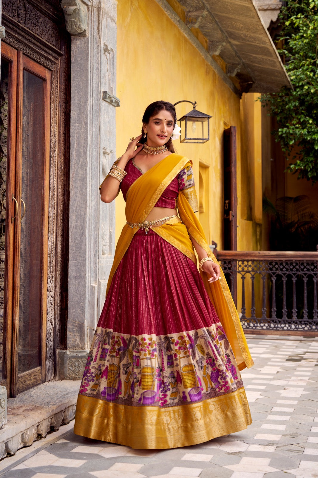 NITRIYA catalogue Fancy Semi stitched  Poly Chanderi lehenga, designed with delicate Zari stripes and enhanced with Kalamkari prints - New arrival ready for dispatch