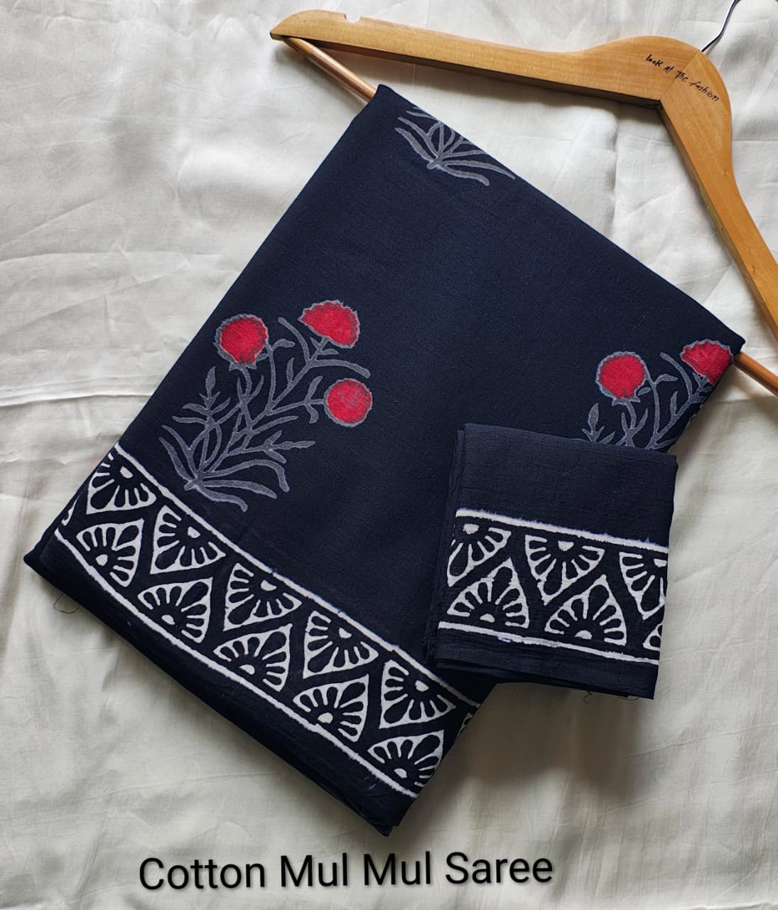 Pre-Order Black Bagru handBlock Print Cotton mulmul Sarees With Running Blouse