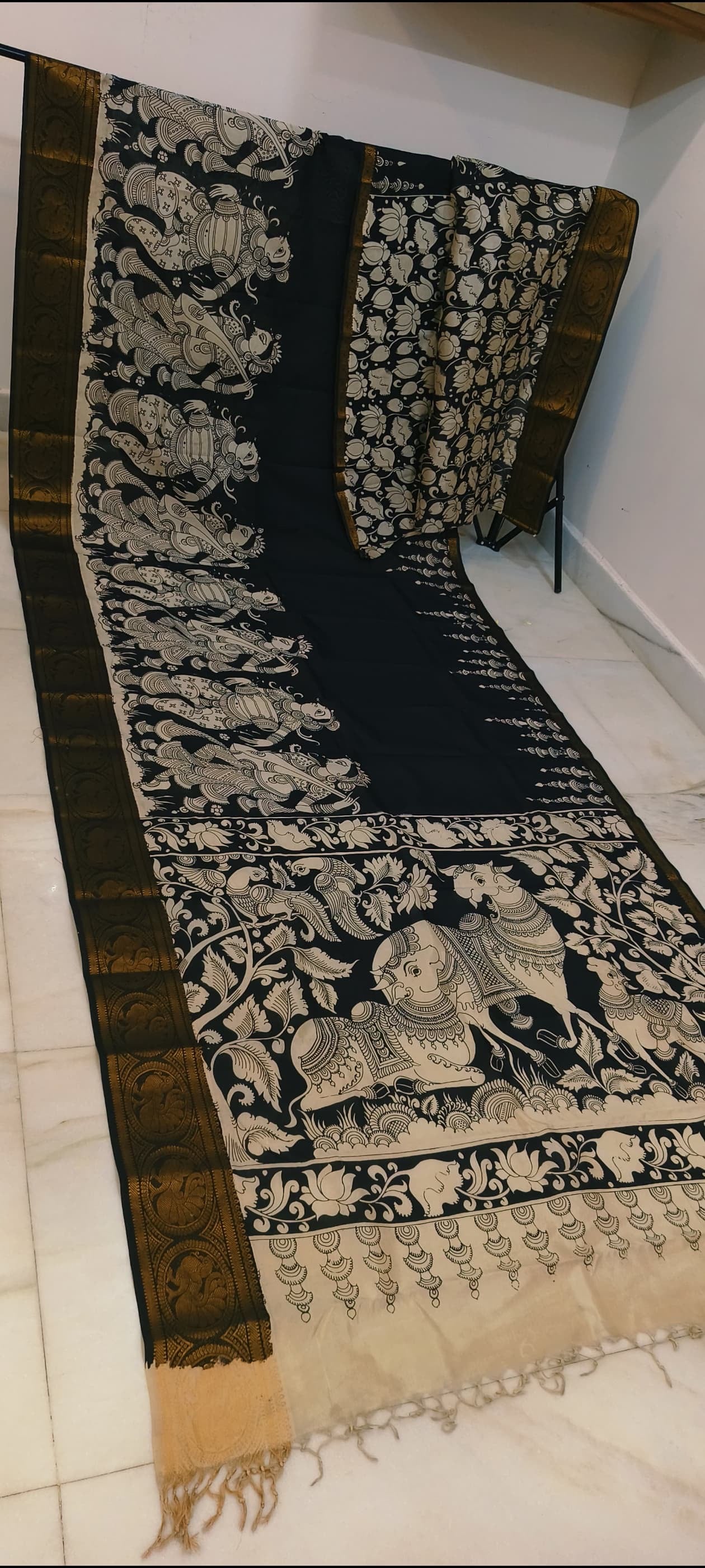 Pre Order Kalamkari Bangalore silk with designer zari border black and white sarees