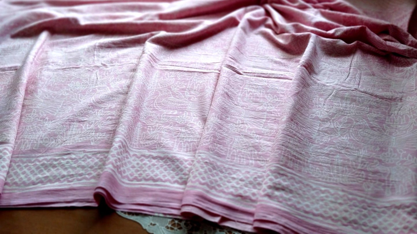 Soft hand printed premium Pink mulmul cotton saree withOUT blouse